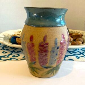Artist Signed Hand-painted Ceramic Pottery Art Glazed Lupine Flower Vase